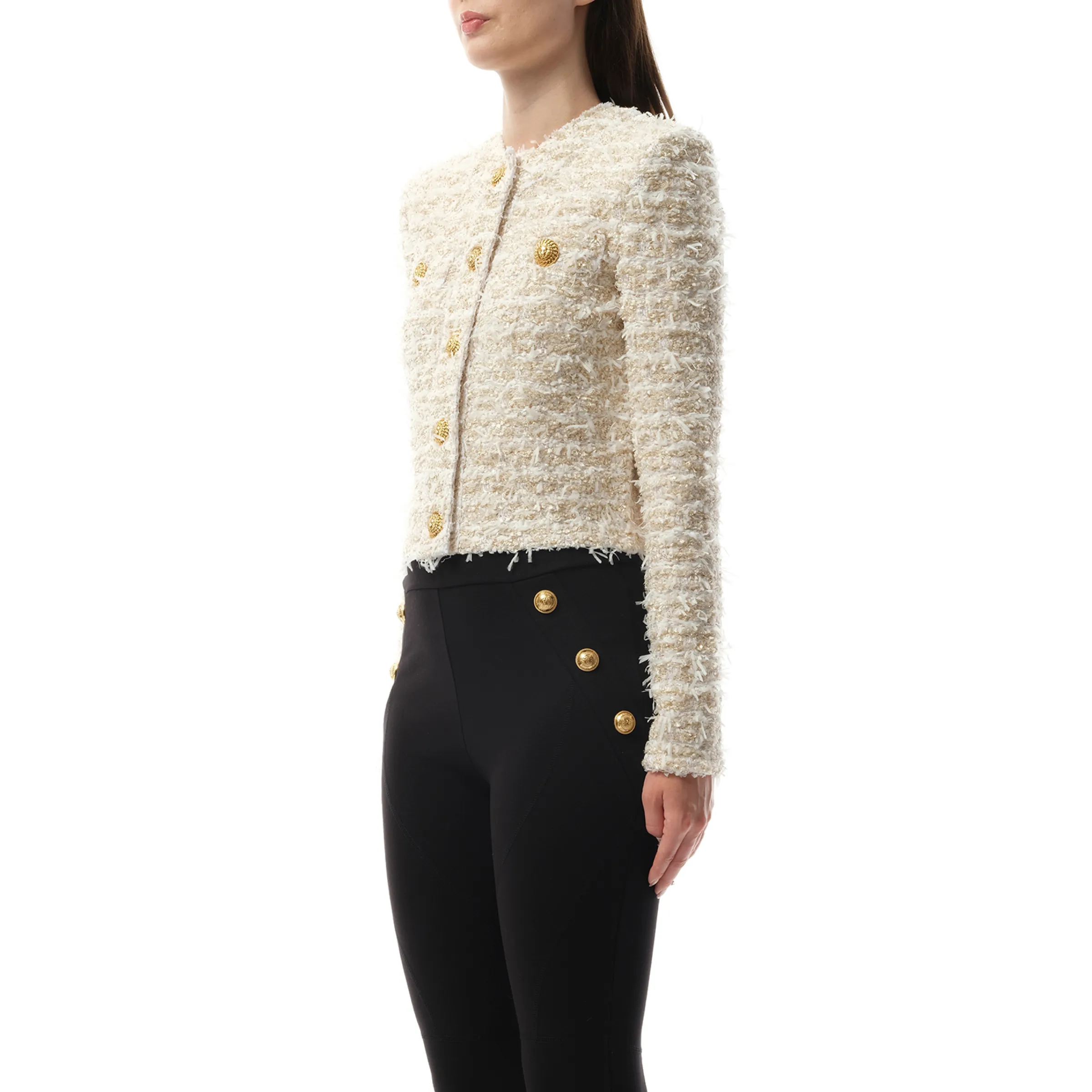 2 Pockets Buttoned Tweed Knit Crop Jacket in White/Gold