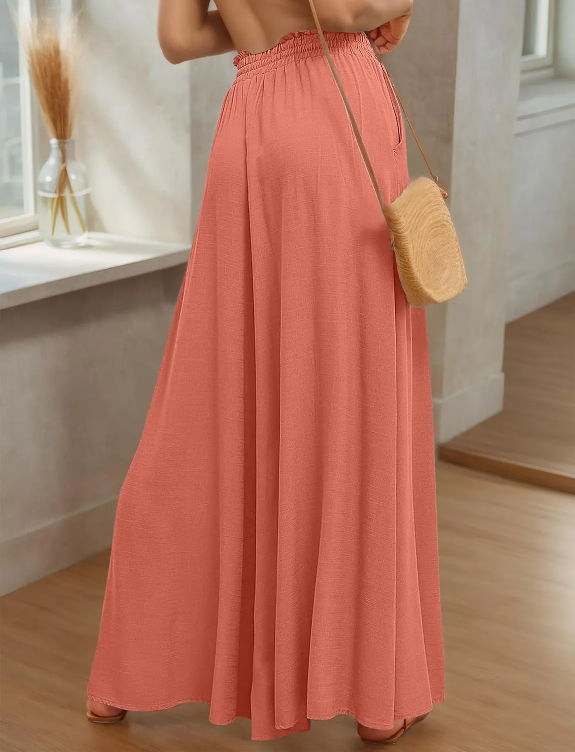 Aivtalk Womens Wide Leg Trousers Palazzo Pant Casual Elegant High Waist Trousers Simple Trousers with Pockets