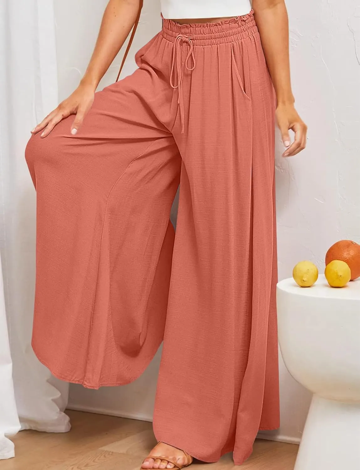 Aivtalk Womens Wide Leg Trousers Palazzo Pant Casual Elegant High Waist Trousers Simple Trousers with Pockets