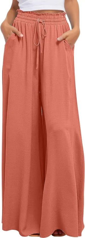 Aivtalk Womens Wide Leg Trousers Palazzo Pant Casual Elegant High Waist Trousers Simple Trousers with Pockets