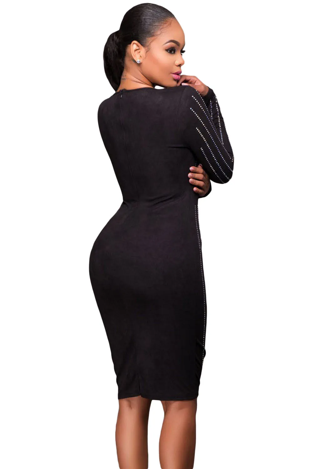 Black Faux Suede Rhinestone Front Long Sleeves Dress