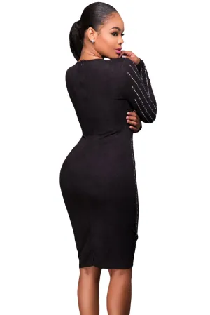 Black Faux Suede Rhinestone Front Long Sleeves Dress