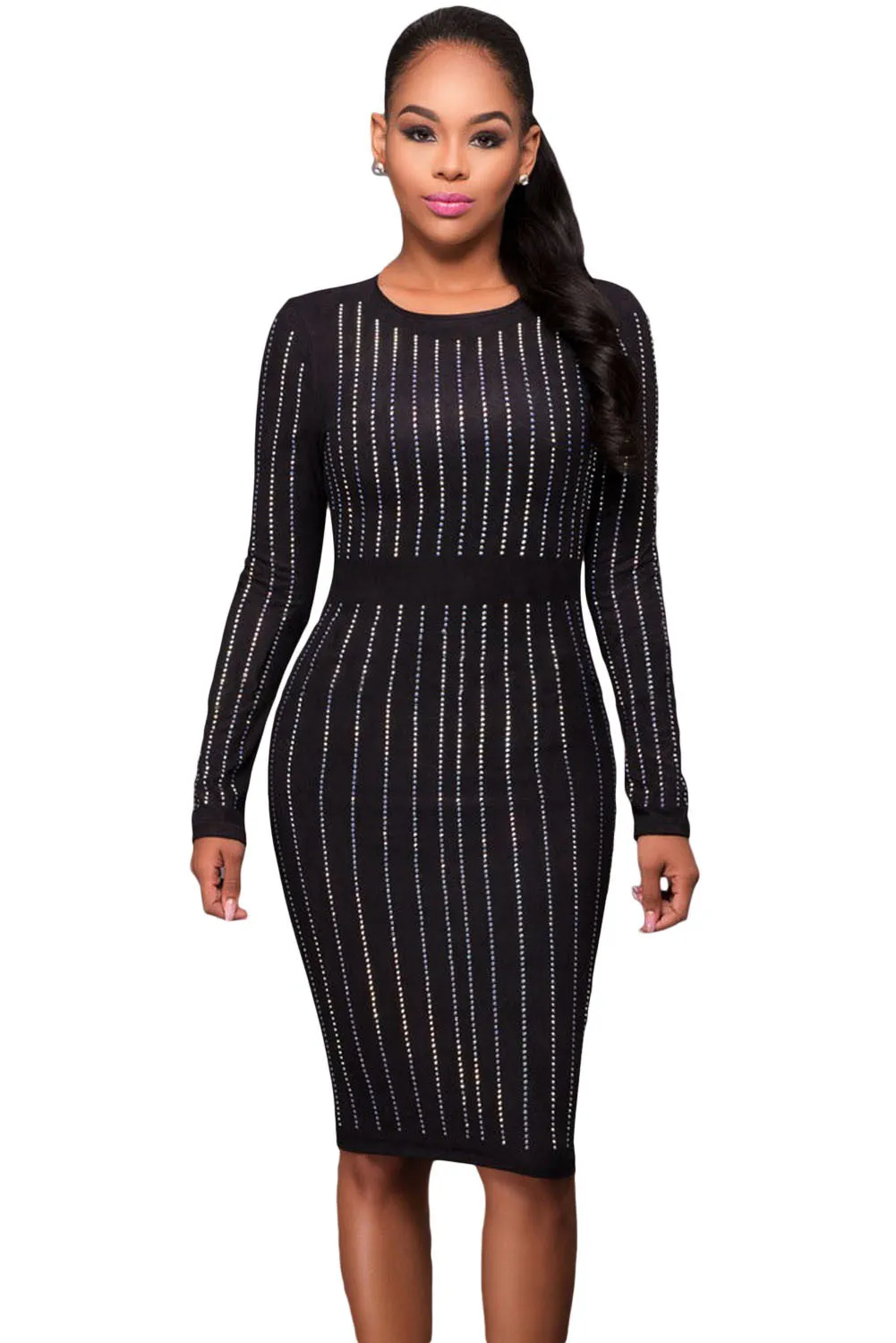 Black Faux Suede Rhinestone Front Long Sleeves Dress