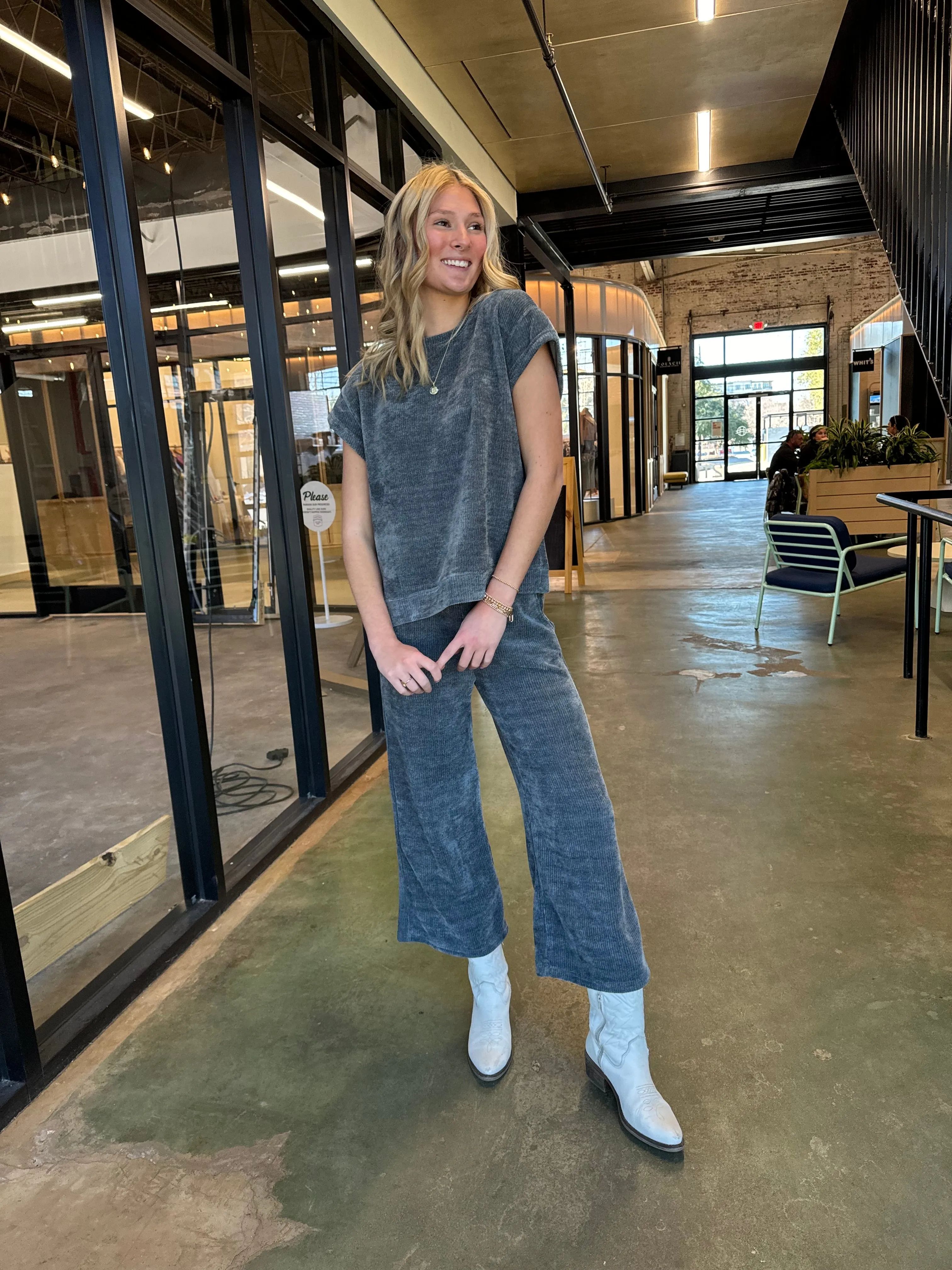 BLUE/GREY CHENILLE CROPPED WIDE PANTS