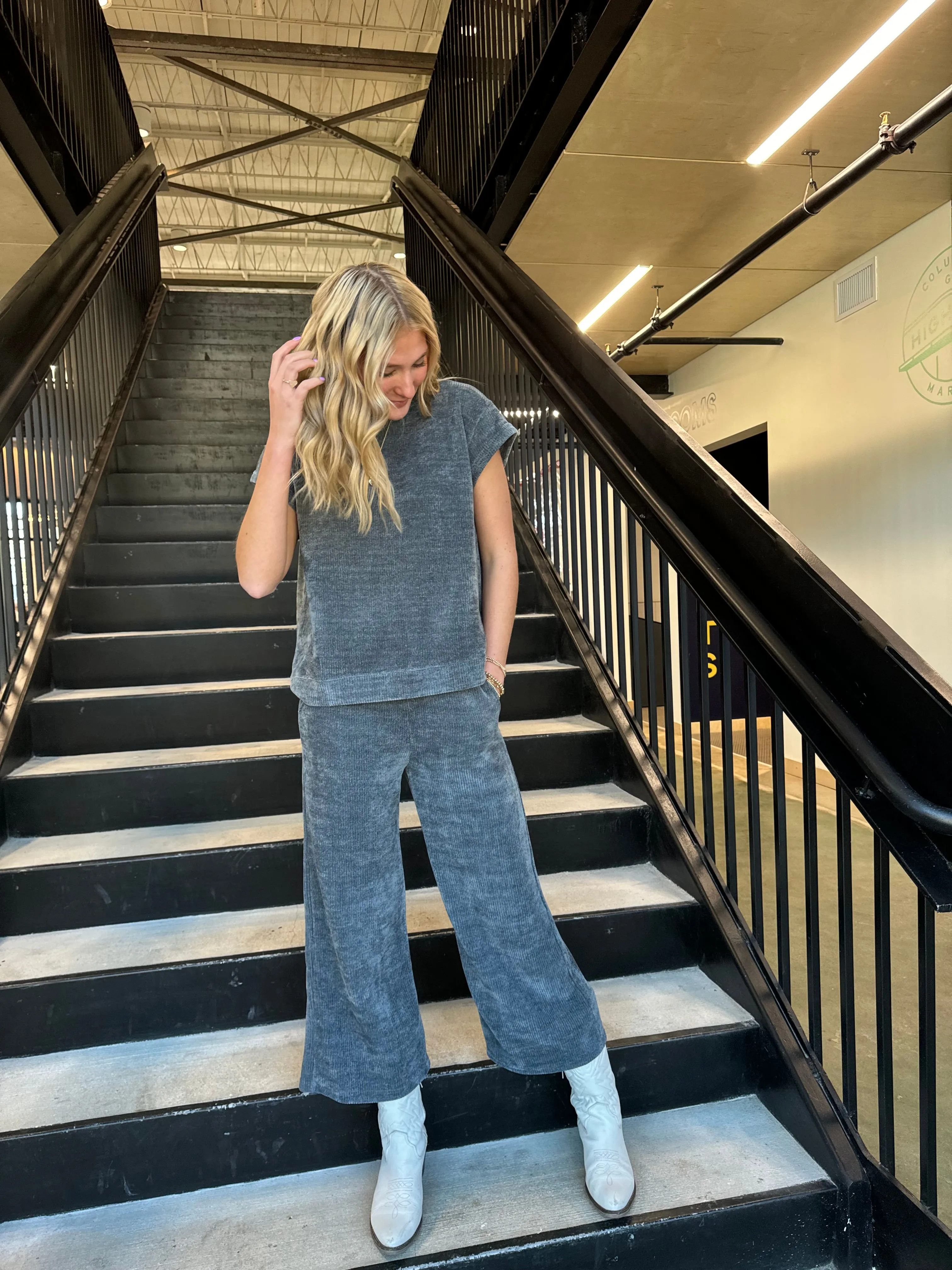 BLUE/GREY CHENILLE CROPPED WIDE PANTS
