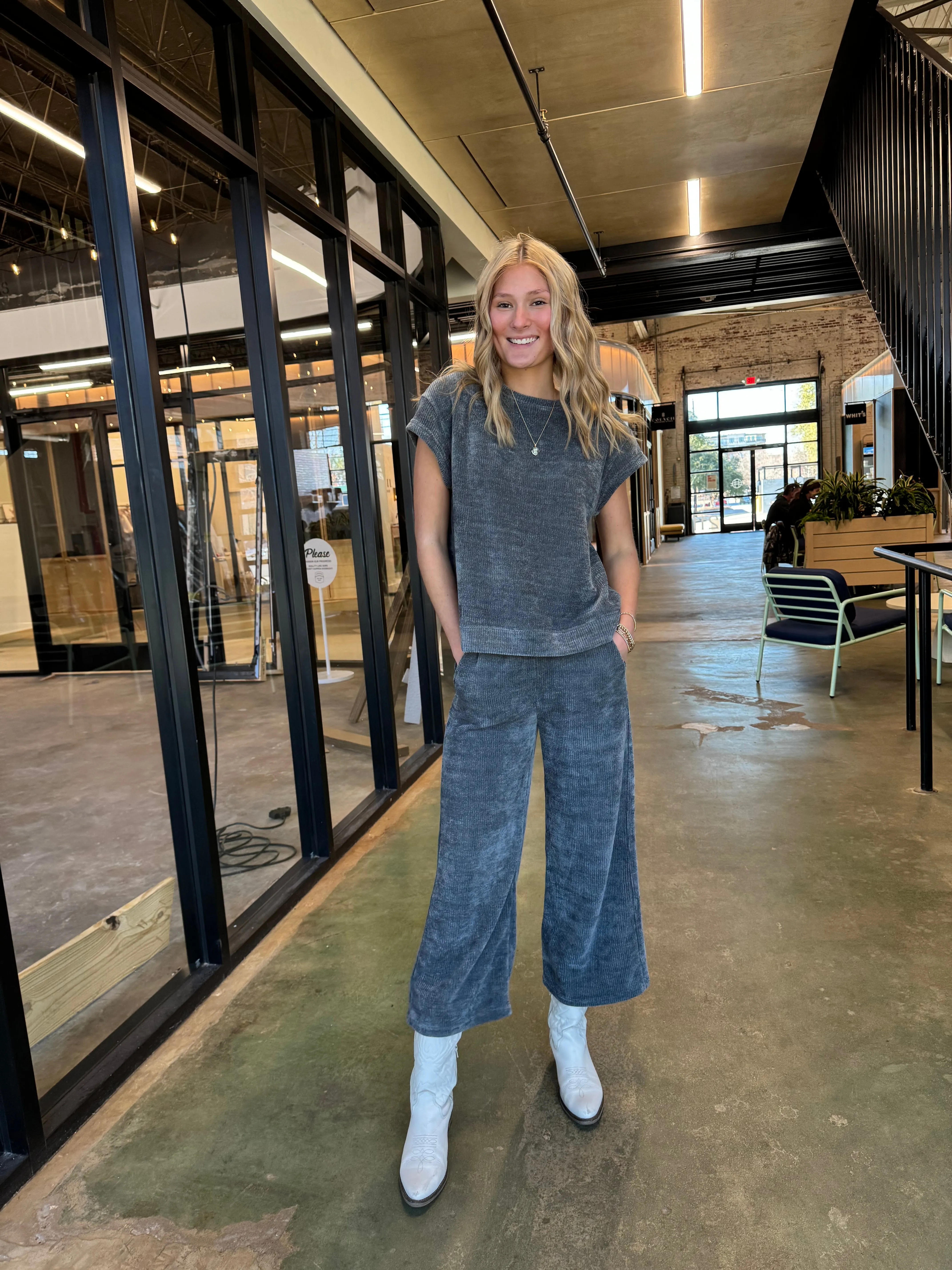 BLUE/GREY CHENILLE CROPPED WIDE PANTS