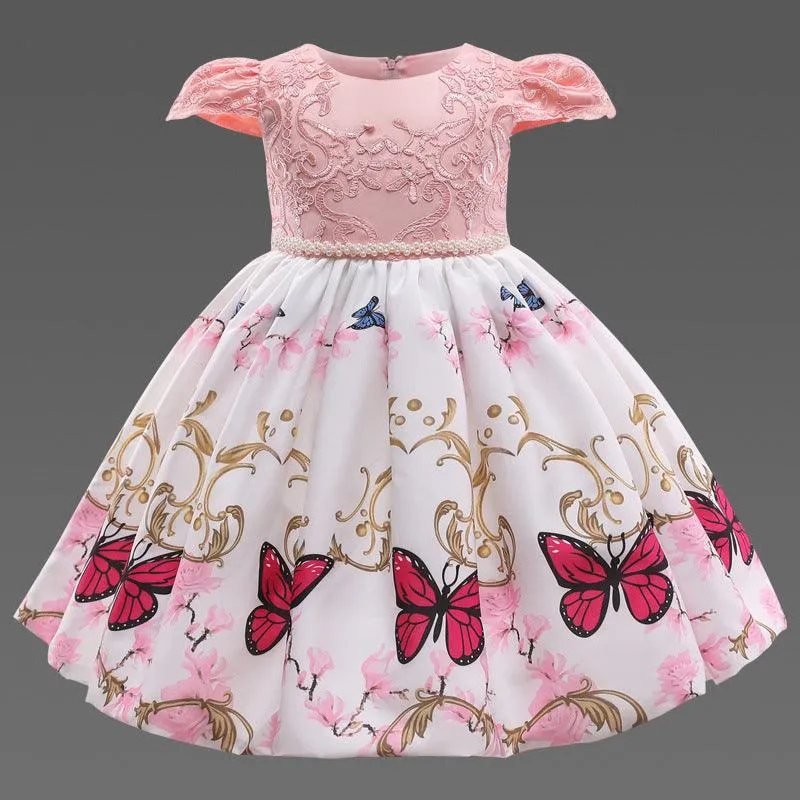 Butterfly Print Bow Pearl Princess Dress For Kids