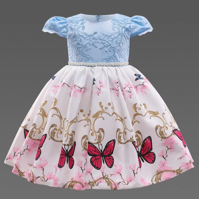 Butterfly Print Bow Pearl Princess Dress For Kids