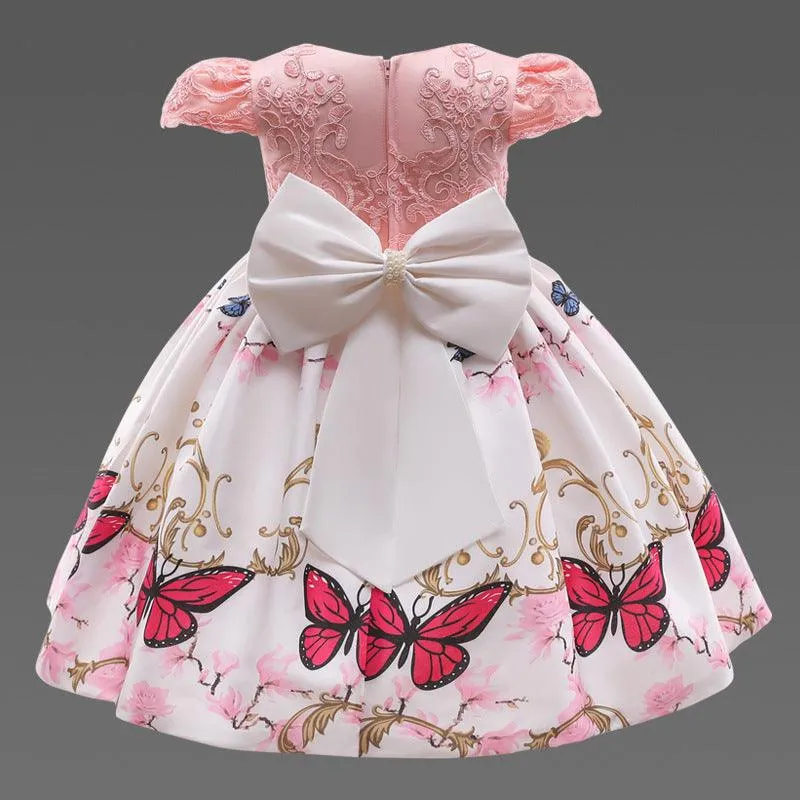 Butterfly Print Bow Pearl Princess Dress For Kids