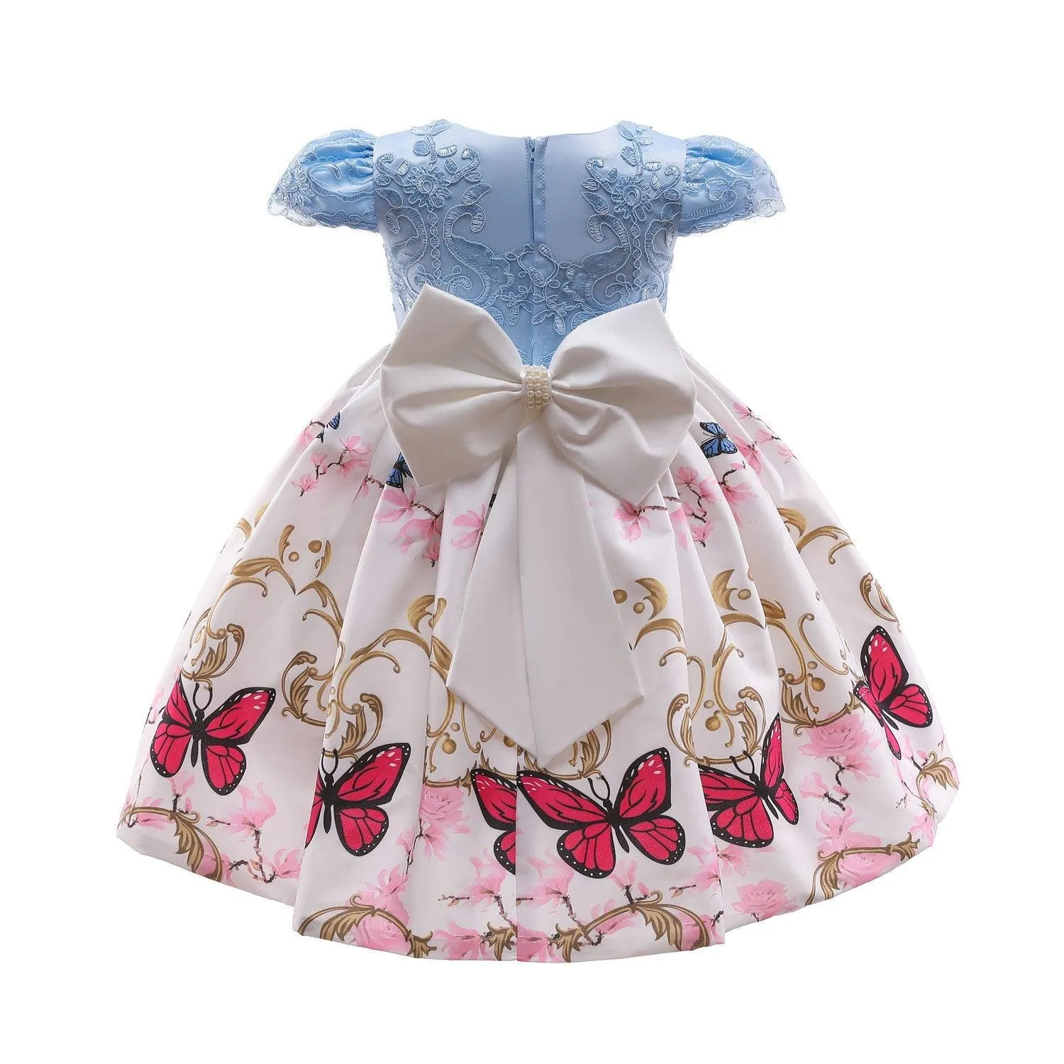 Butterfly Print Bow Pearl Princess Dress For Kids
