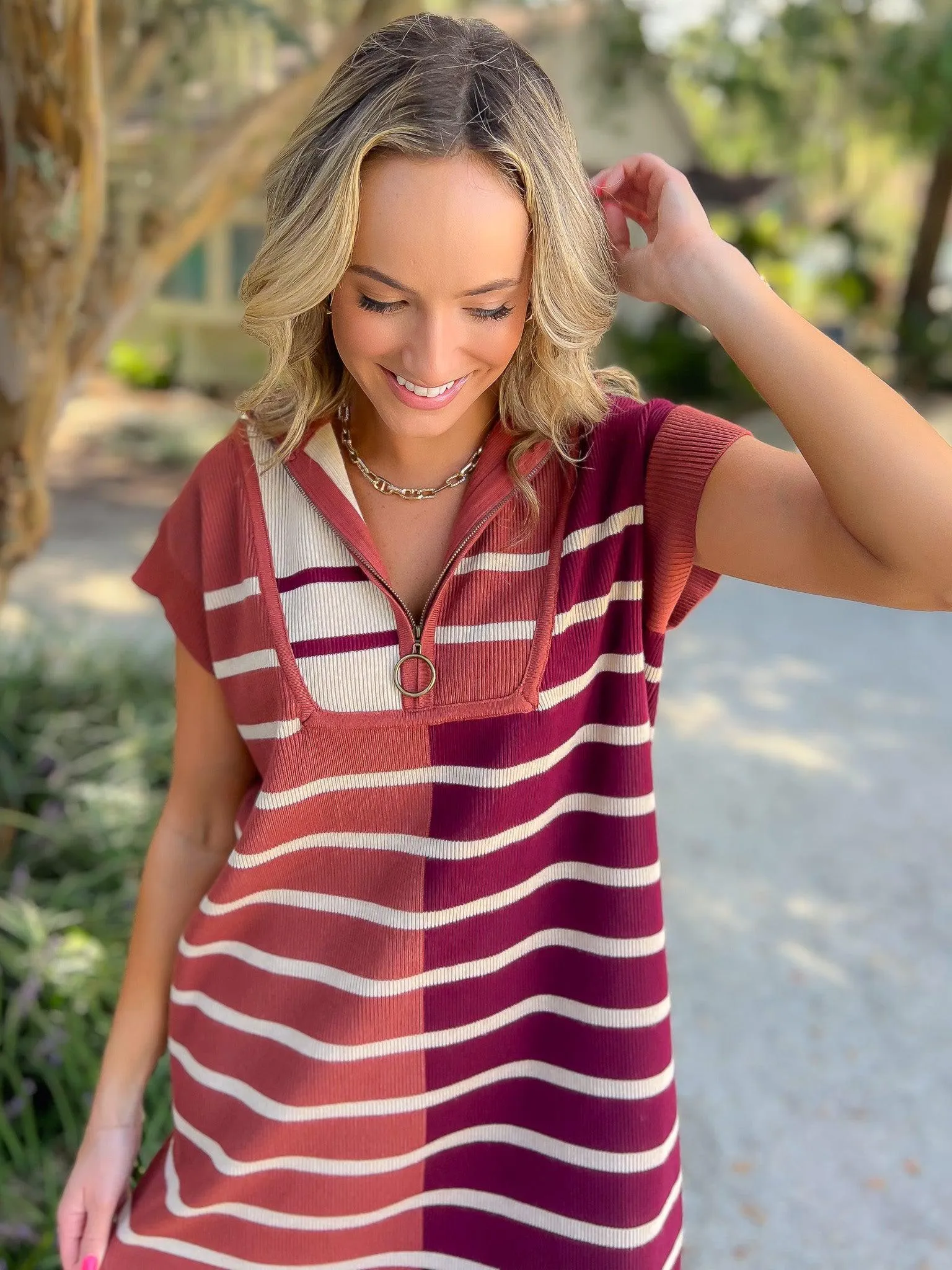 Care to Contrast Chestnut Striped Knit Dress