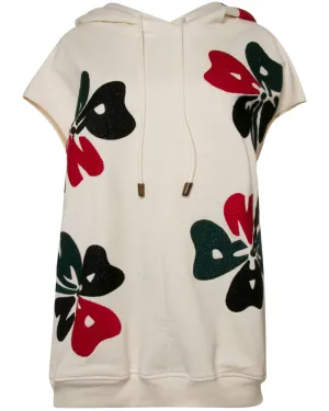 Cream Flower Embroidered Sleeveless Hoodie