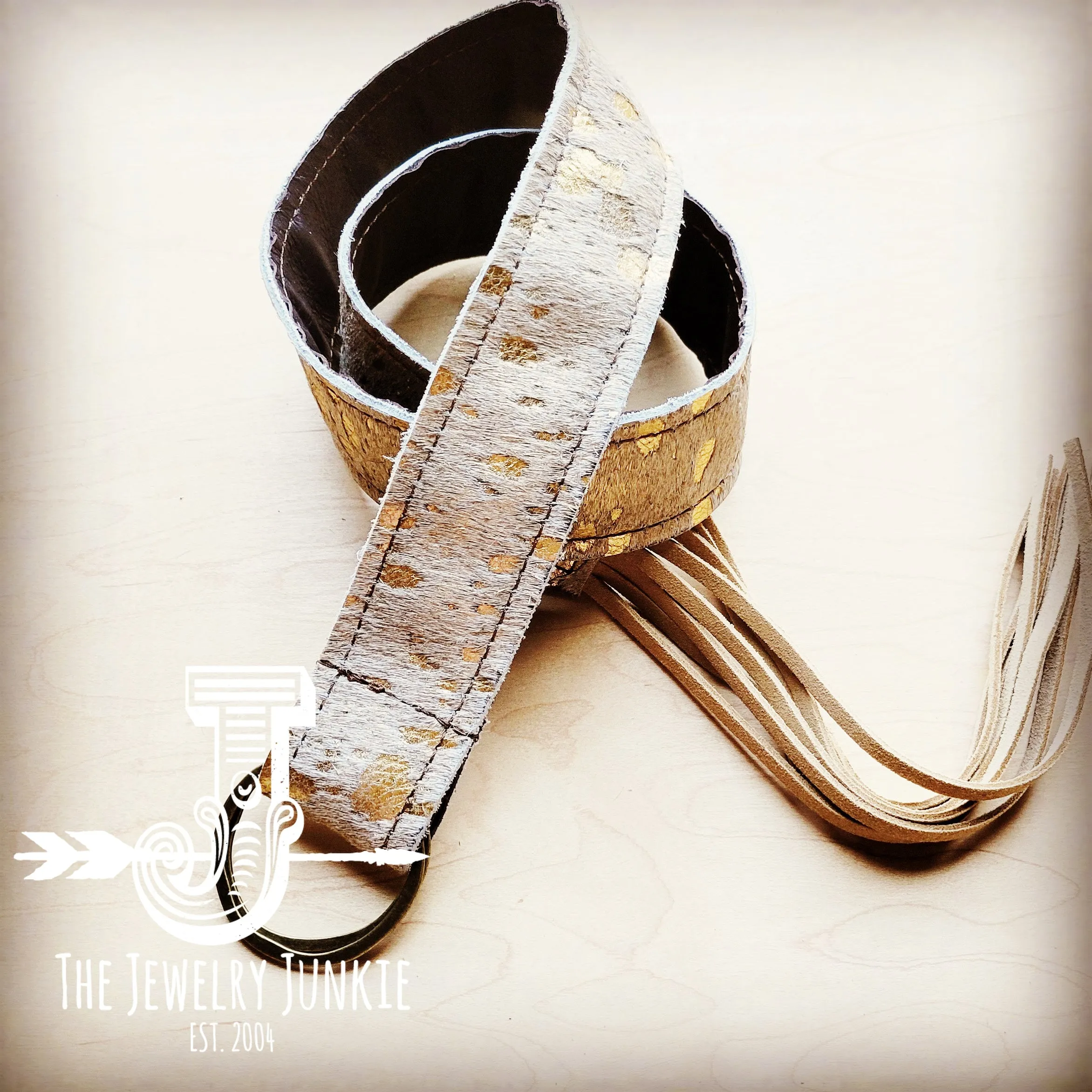 Cream Metallic Hide Leather Belt with Leather Fringe Closure 905p