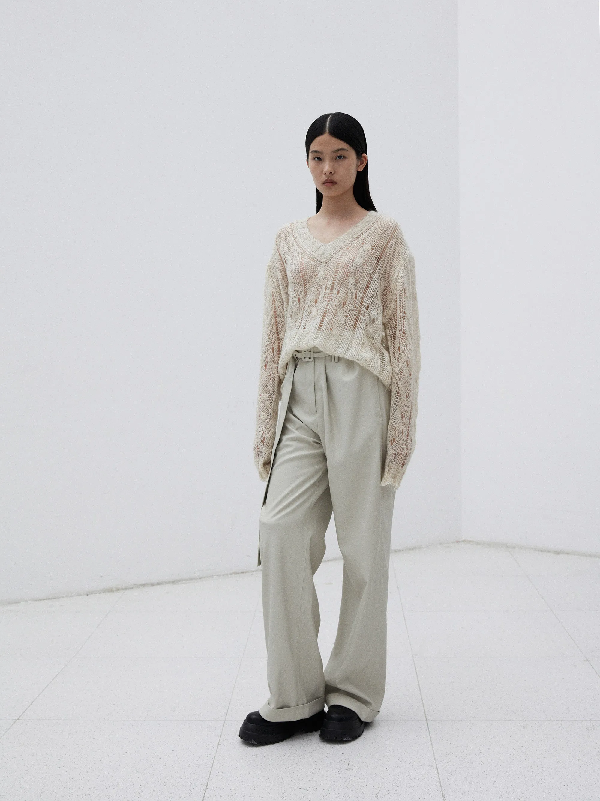 Cream PU High Waist Belted Trousers