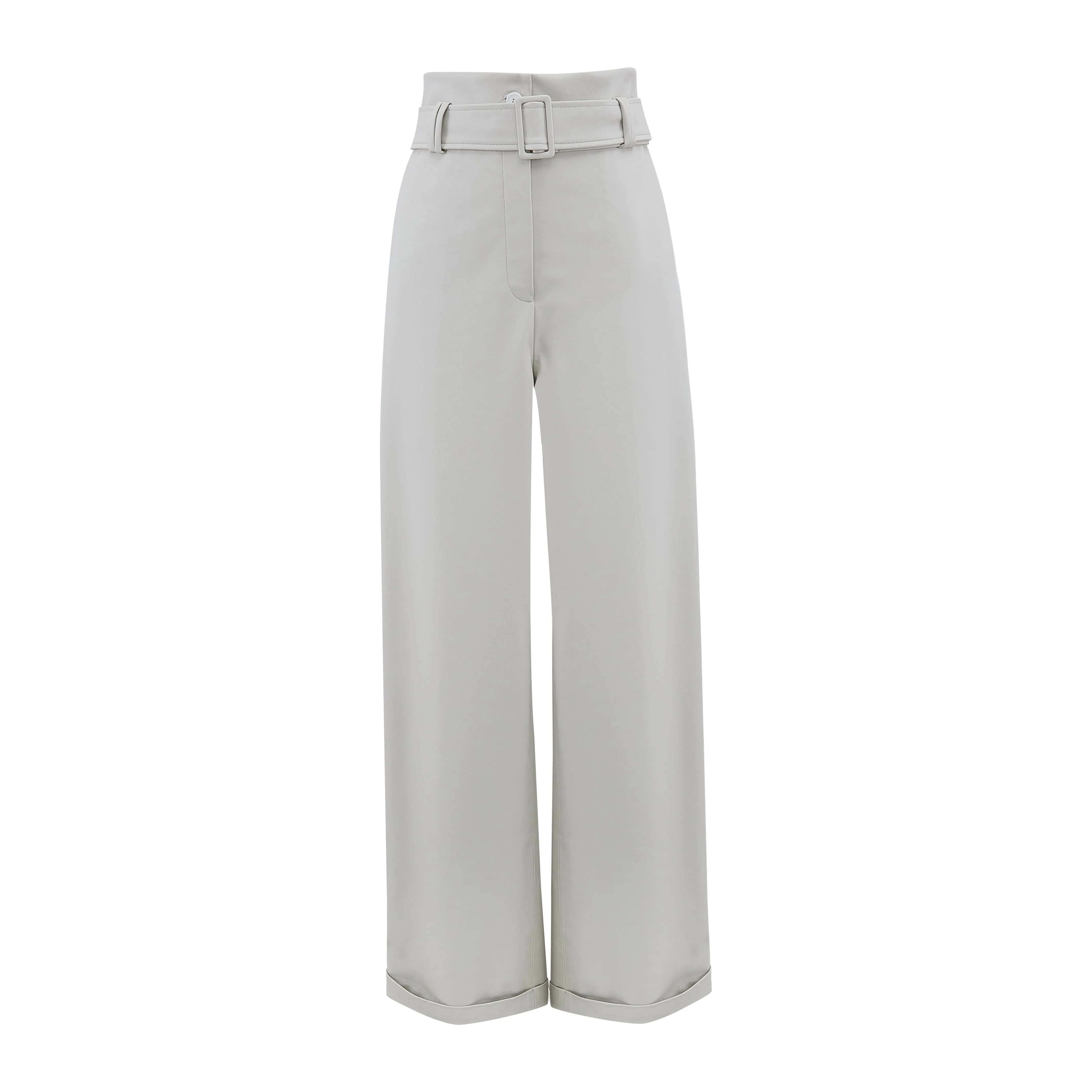 Cream PU High Waist Belted Trousers