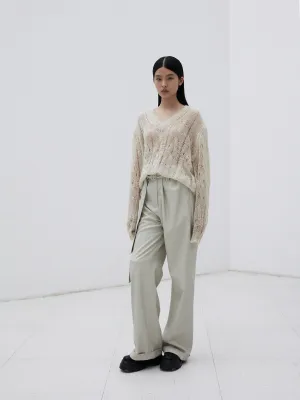 Cream PU High Waist Belted Trousers