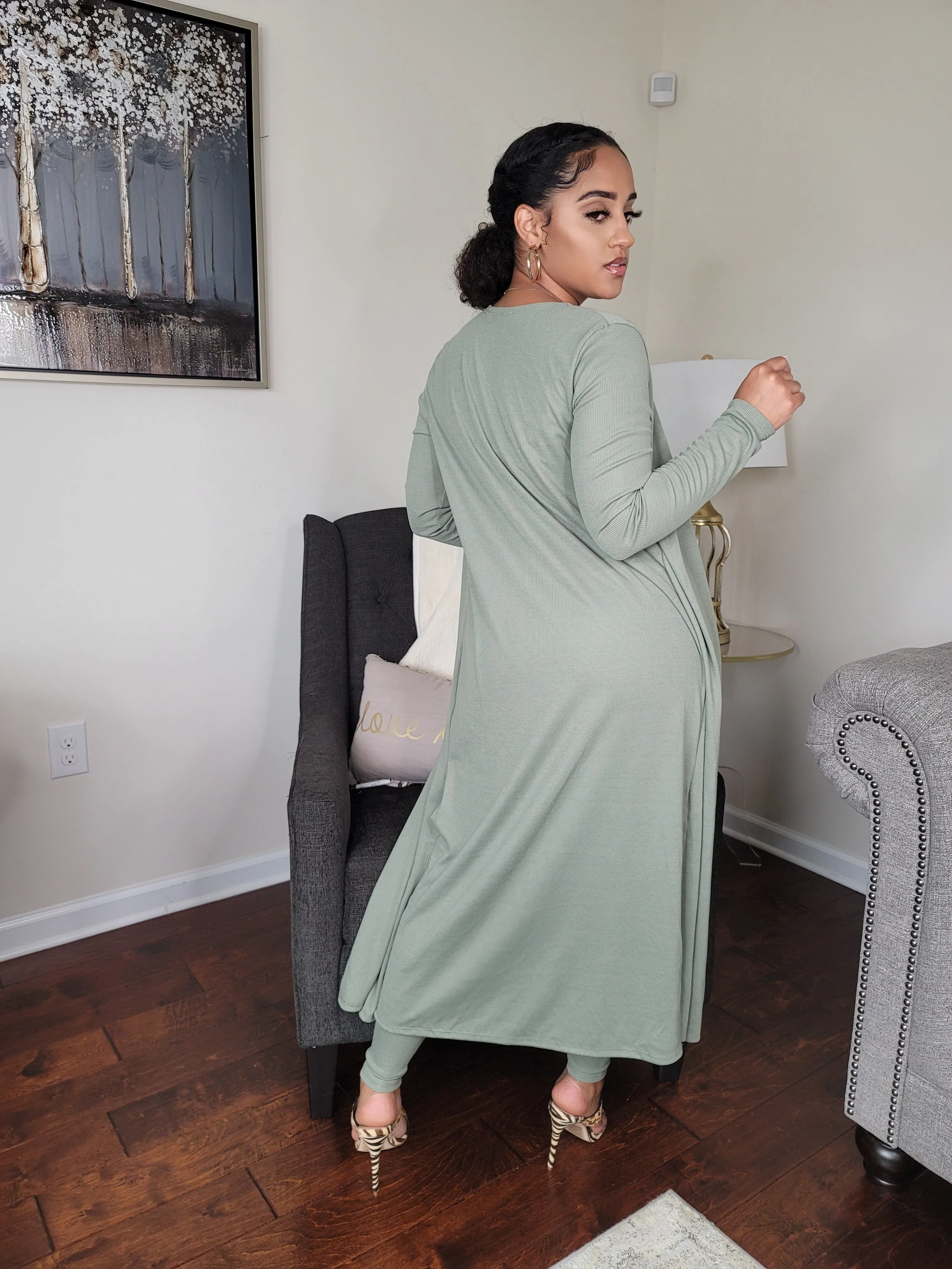 Cute & Comfy | Light Olive Cami Top Leggings Cardigan Three Piece Set