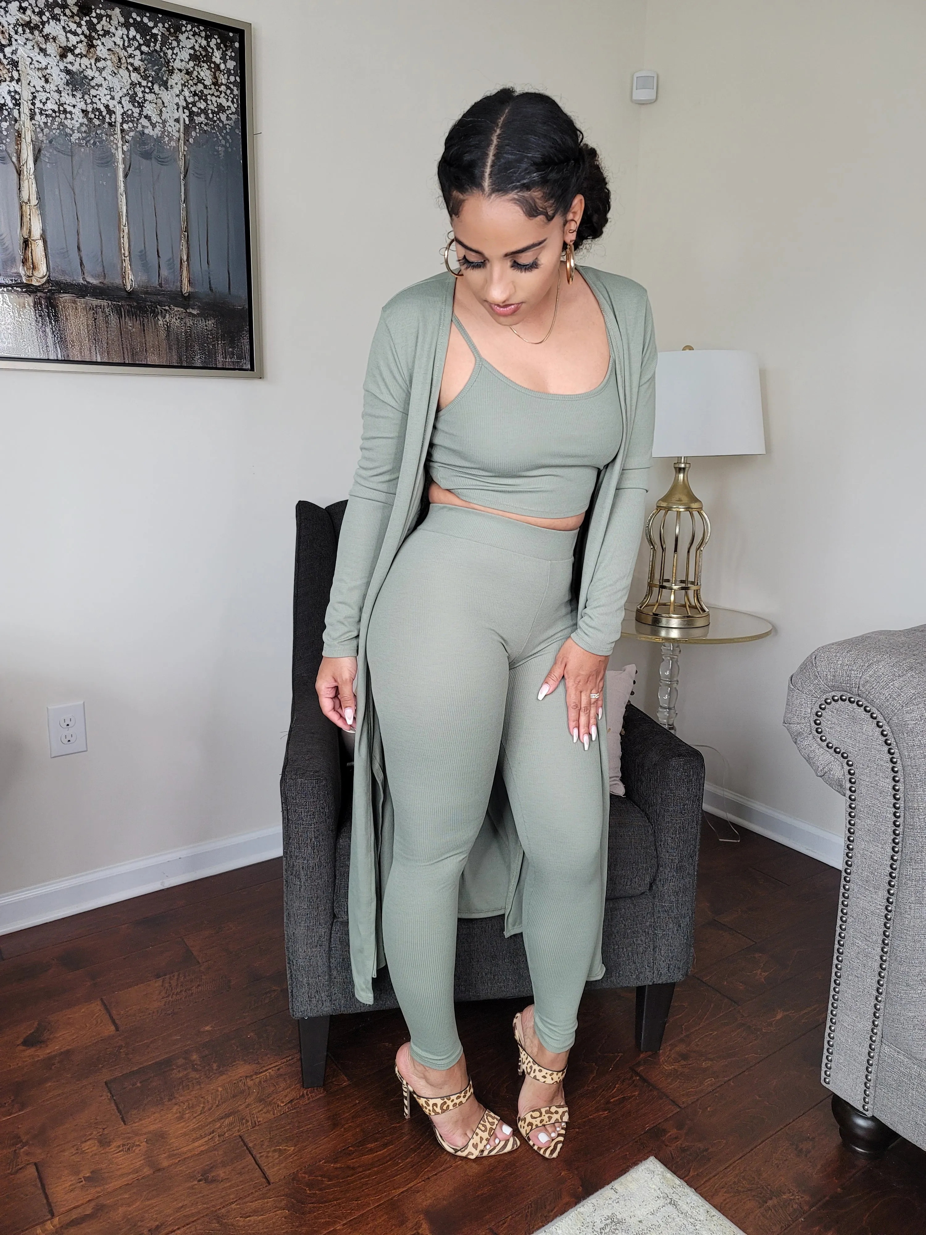 Cute & Comfy | Light Olive Cami Top Leggings Cardigan Three Piece Set