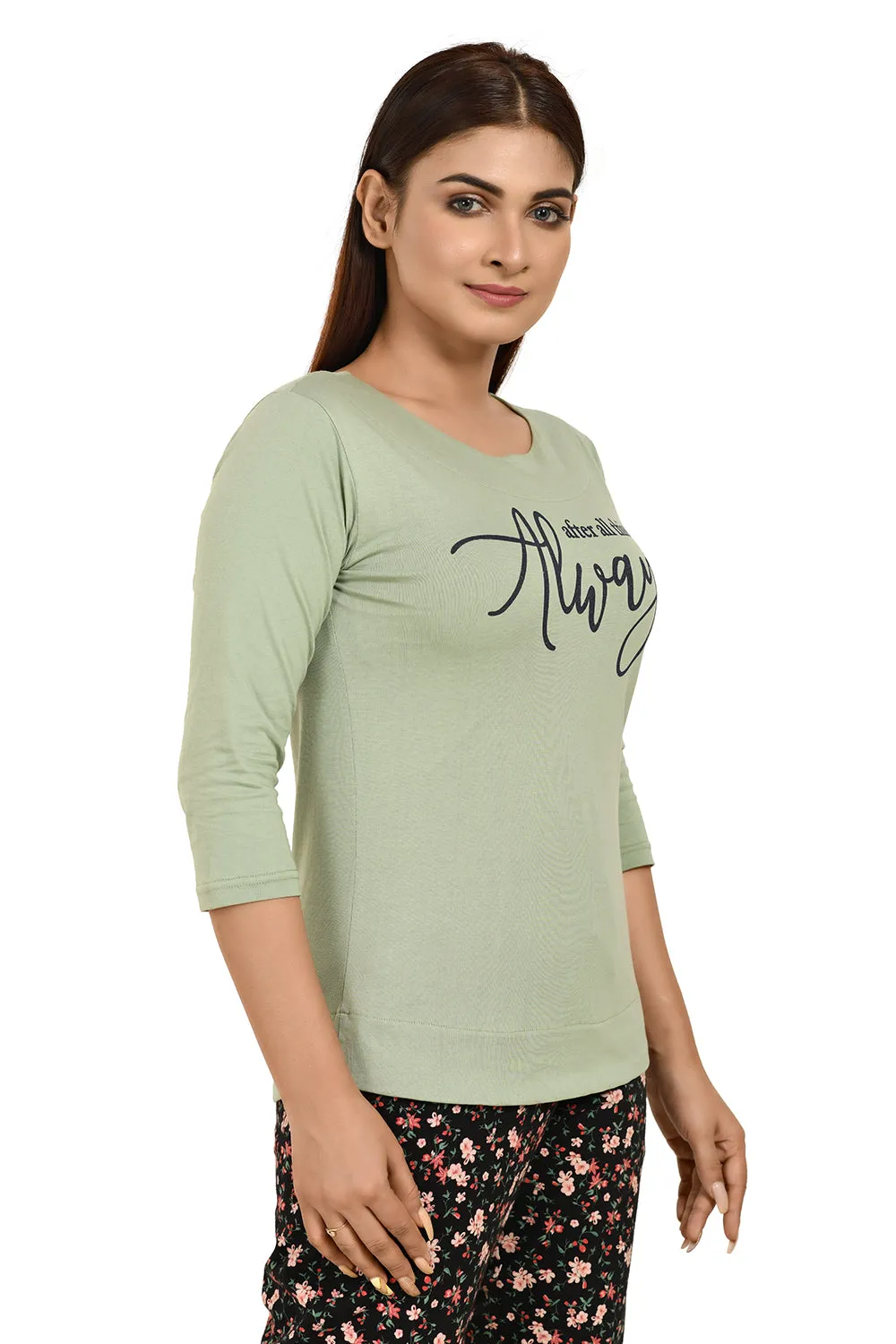 Dusty Green Boat Neck Printed Tees
