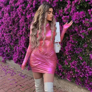 Elegance Meets Metallic Glow Long-Sleeve Summer Dress