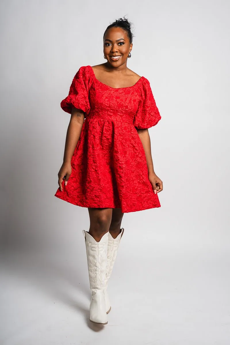 Floral puff sleeve dress red
