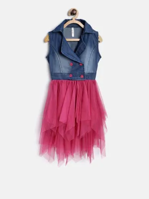 Girls Blue & Pink Polyester Netted Denim Dress
