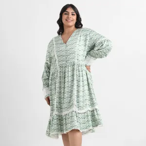 Green printed lace inserts plus size rayon short dress