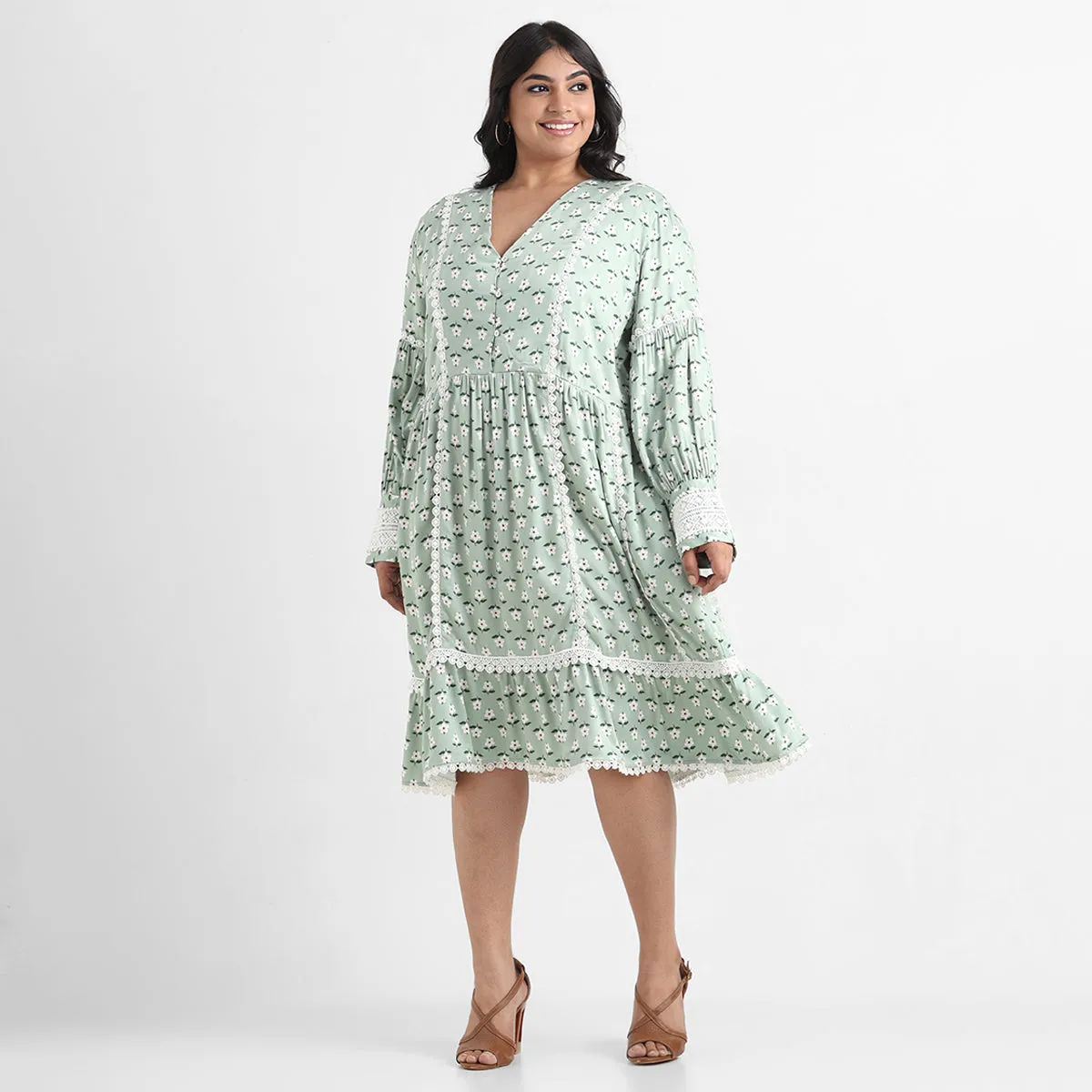 Green printed lace inserts plus size rayon short dress
