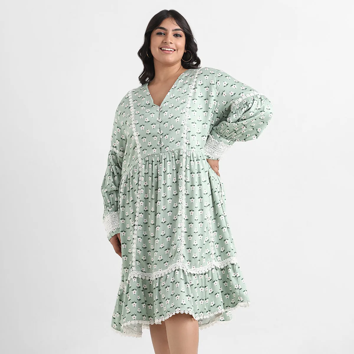 Green printed lace inserts plus size rayon short dress