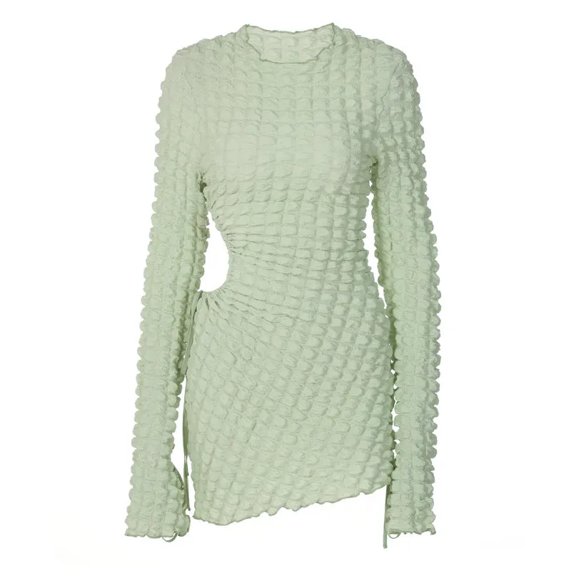 Hollowed-out Round Neck Long Sleeve Short Dress