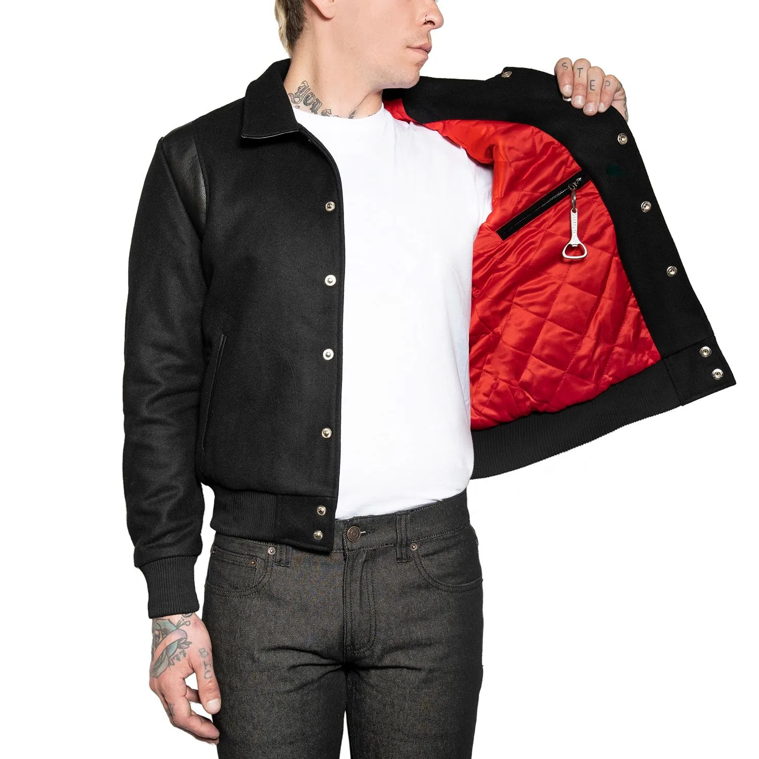 JET VARSITY JACKET W/ RED LINING - BLACK