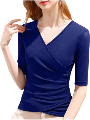 jovati Womens Casual V-Neck T-shirt Fashion Versatile Solid Short Sleeve Tunic Tops Loose Fit Comfy Elegant Blouse 2024