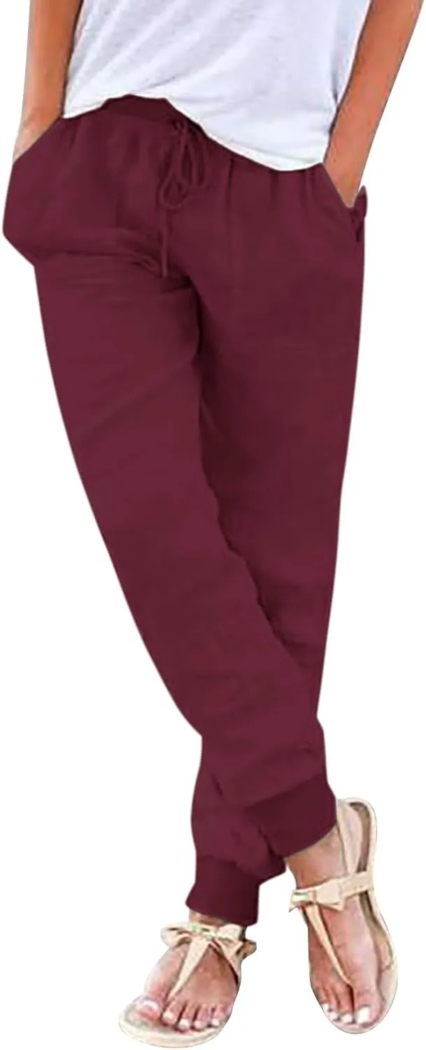 Linen Pants Women Petite Casual Summer Loose Solid Color Straight Leg Beach High Waist Linen Pants Plus Size Ankle Trousers