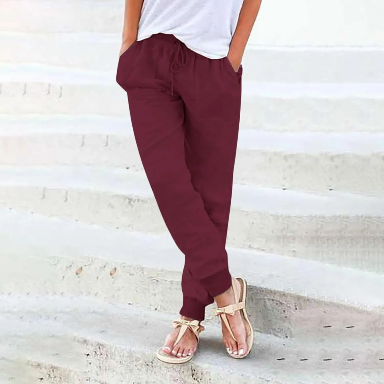 Linen Pants Women Petite Casual Summer Loose Solid Color Straight Leg Beach High Waist Linen Pants Plus Size Ankle Trousers
