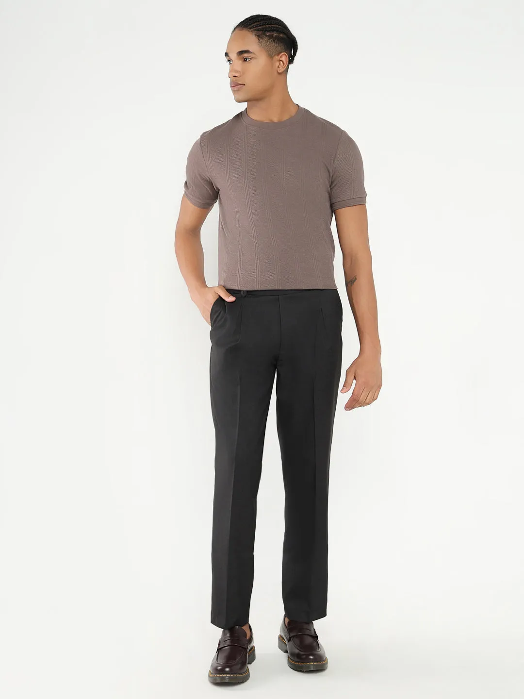 Men Black Solid Comfort Loose Fit Formal Trousers