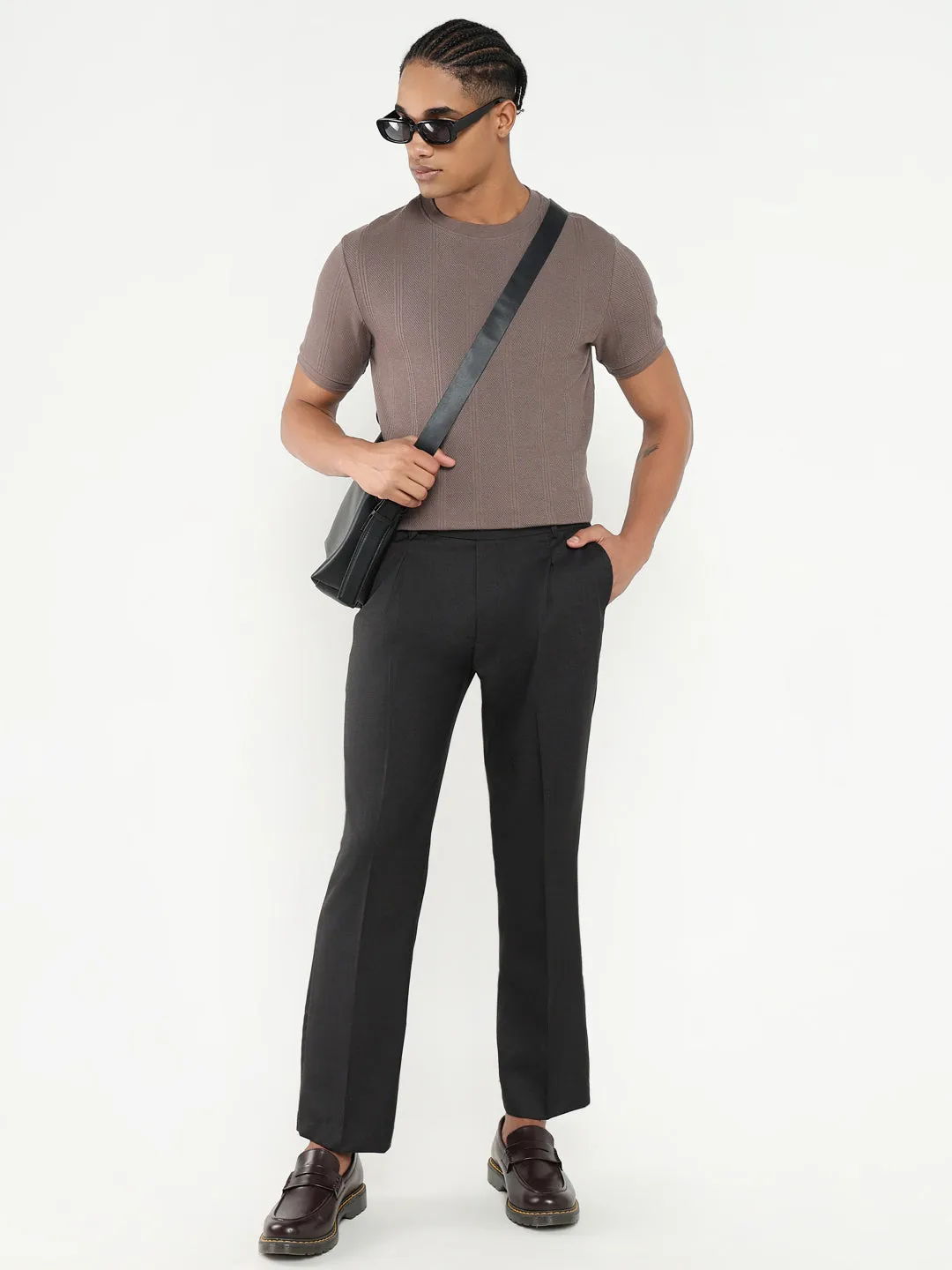 Men Black Solid Comfort Loose Fit Formal Trousers