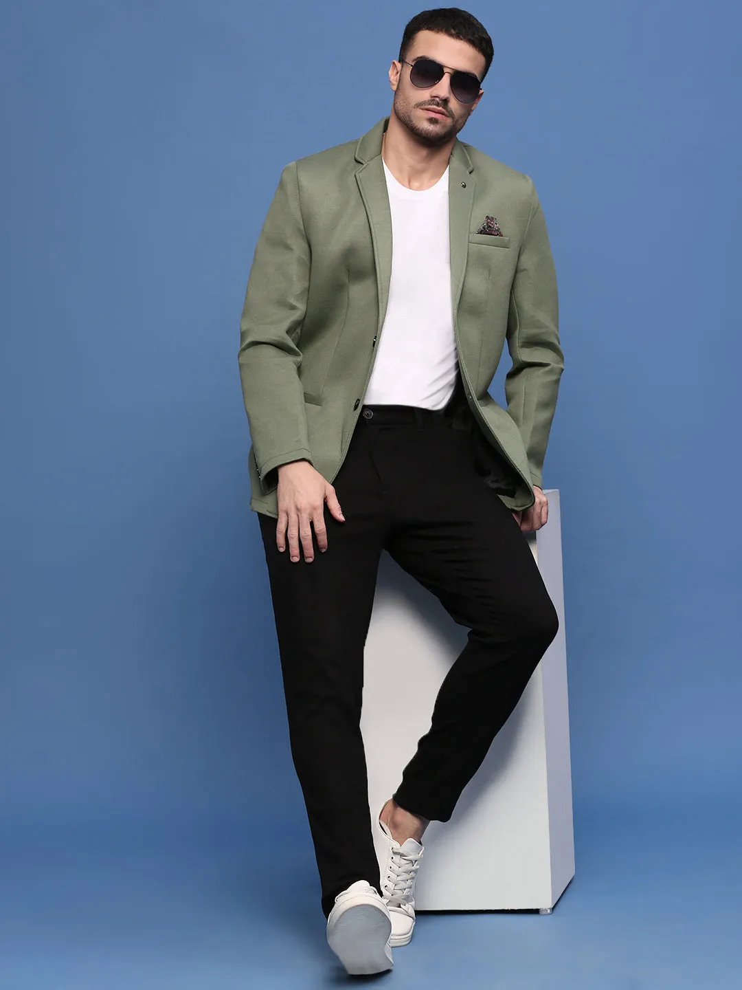 Men Green Slim Fit Single Breasted Casual Blazers
