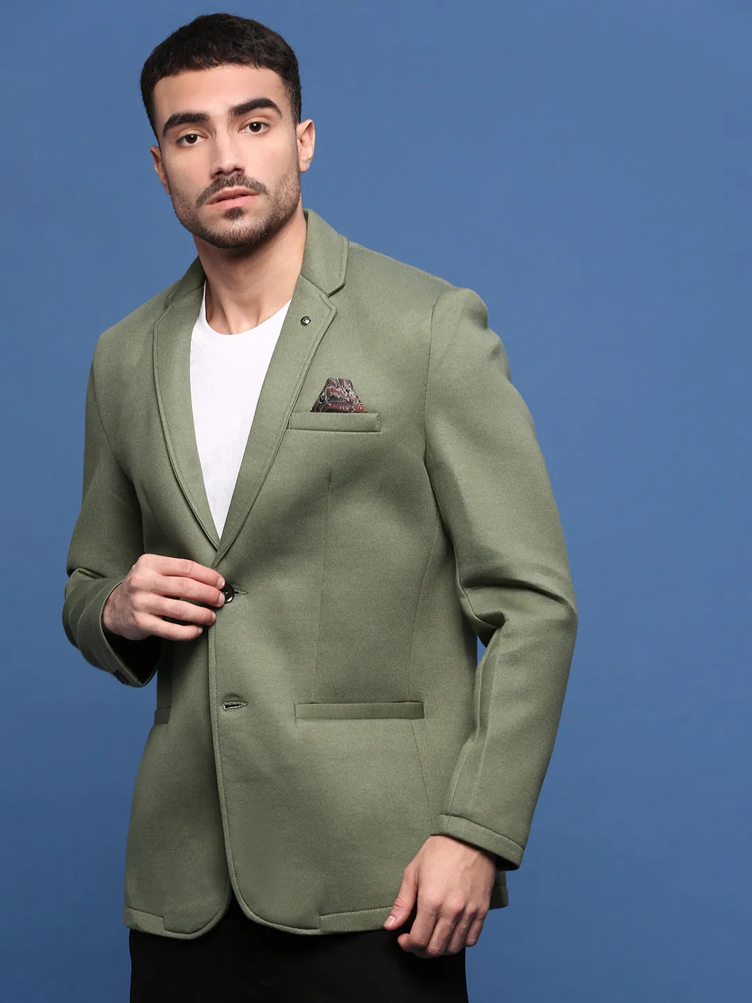 Men Green Slim Fit Single Breasted Casual Blazers