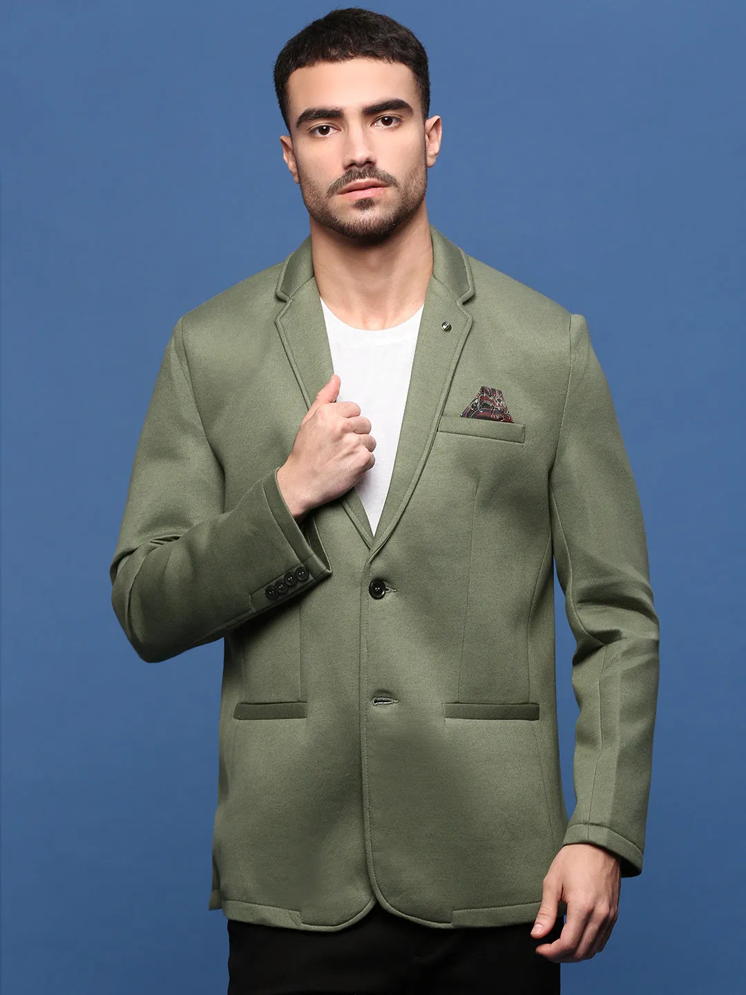 Men Green Slim Fit Single Breasted Casual Blazers