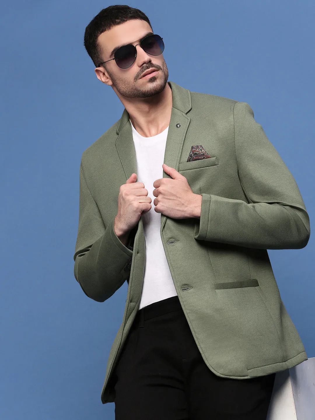 Men Green Slim Fit Single Breasted Casual Blazers