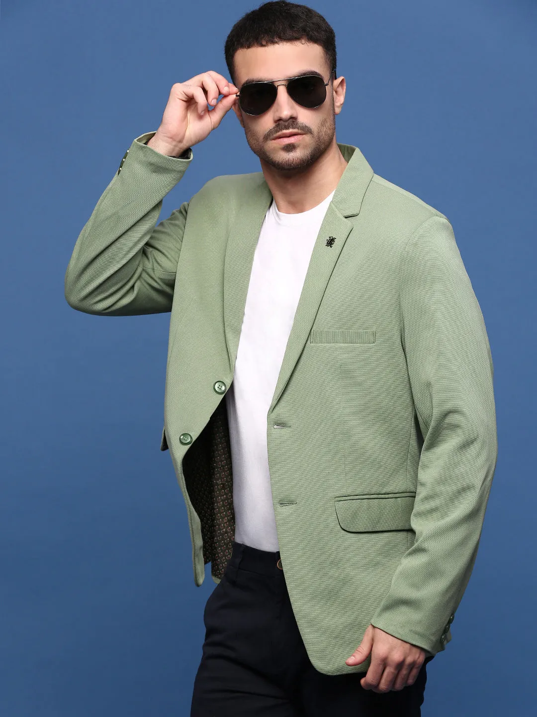 Men Green Slim Fit Single Breasted Notched Lapel Blazers