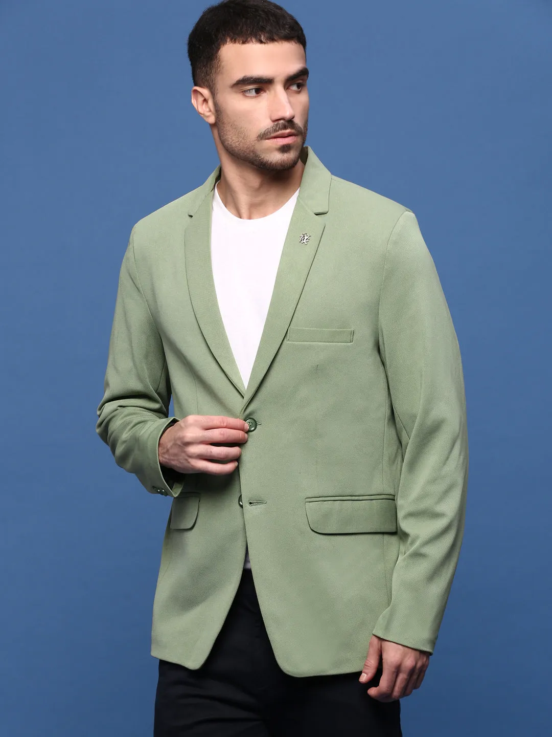 Men Green Slim Fit Single Breasted Notched Lapel Blazers