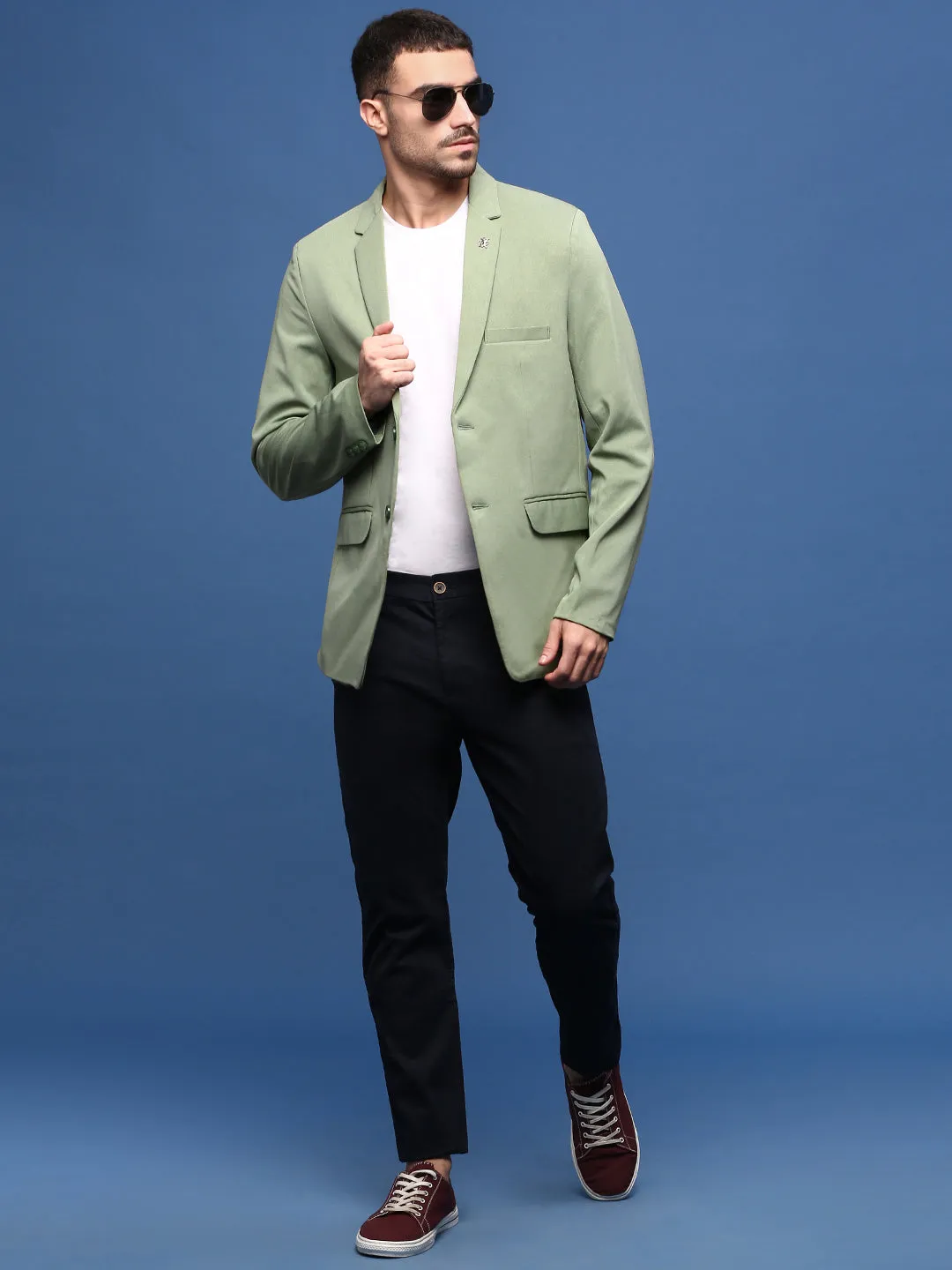 Men Green Slim Fit Single Breasted Notched Lapel Blazers