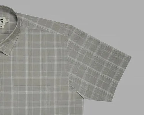 Men's 100% Cotton Plaid Checkered Half Sleeves Shirt (Grey)