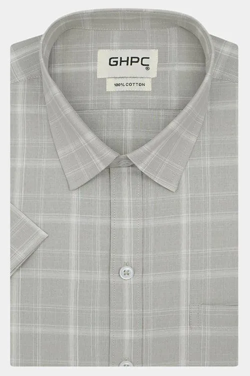Men's 100% Cotton Plaid Checkered Half Sleeves Shirt (Grey)