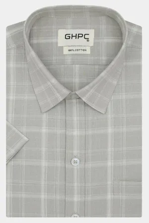 Men's 100% Cotton Plaid Checkered Half Sleeves Shirt (Grey)