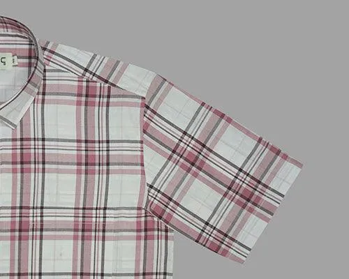Men's 100% Cotton Tartan Checkered Half Sleeves Shirt (Peach)