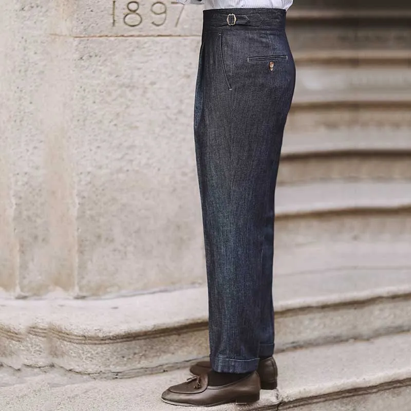 Men's British High Waist Straight Denim Trousers