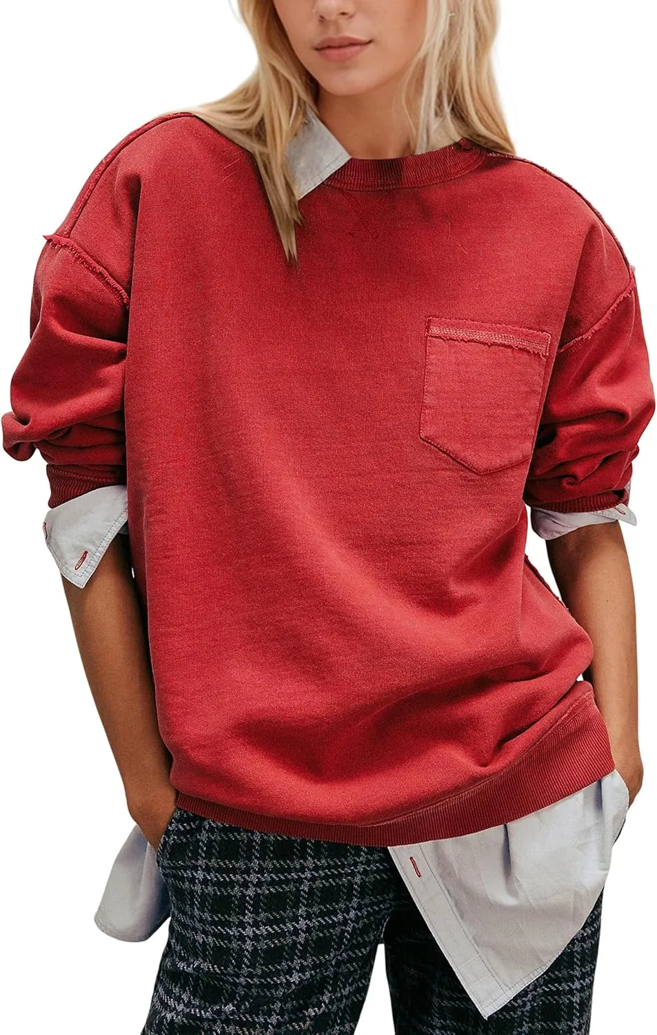 MISSACTIVER Women Oversized Sweatshirts Exposed Seam Pullover Sweatshirt Crewneck Pullover Tops Streetwear with Pocket