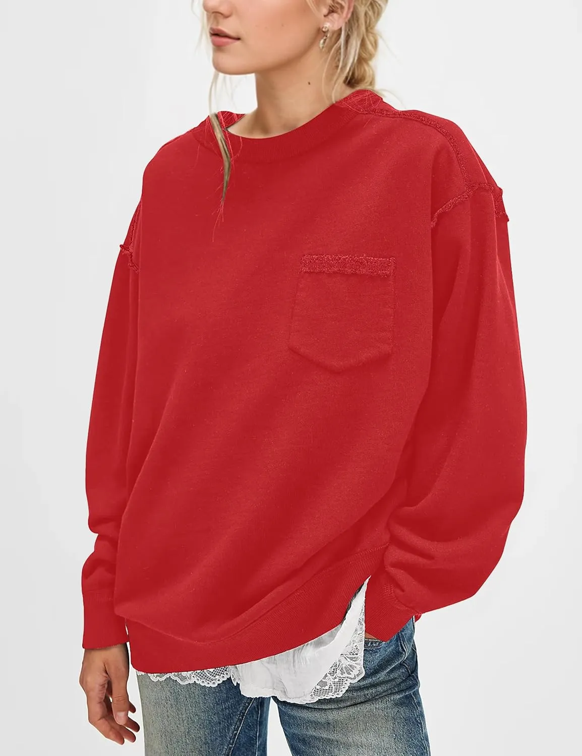 MISSACTIVER Women Oversized Sweatshirts Exposed Seam Pullover Sweatshirt Crewneck Pullover Tops Streetwear with Pocket